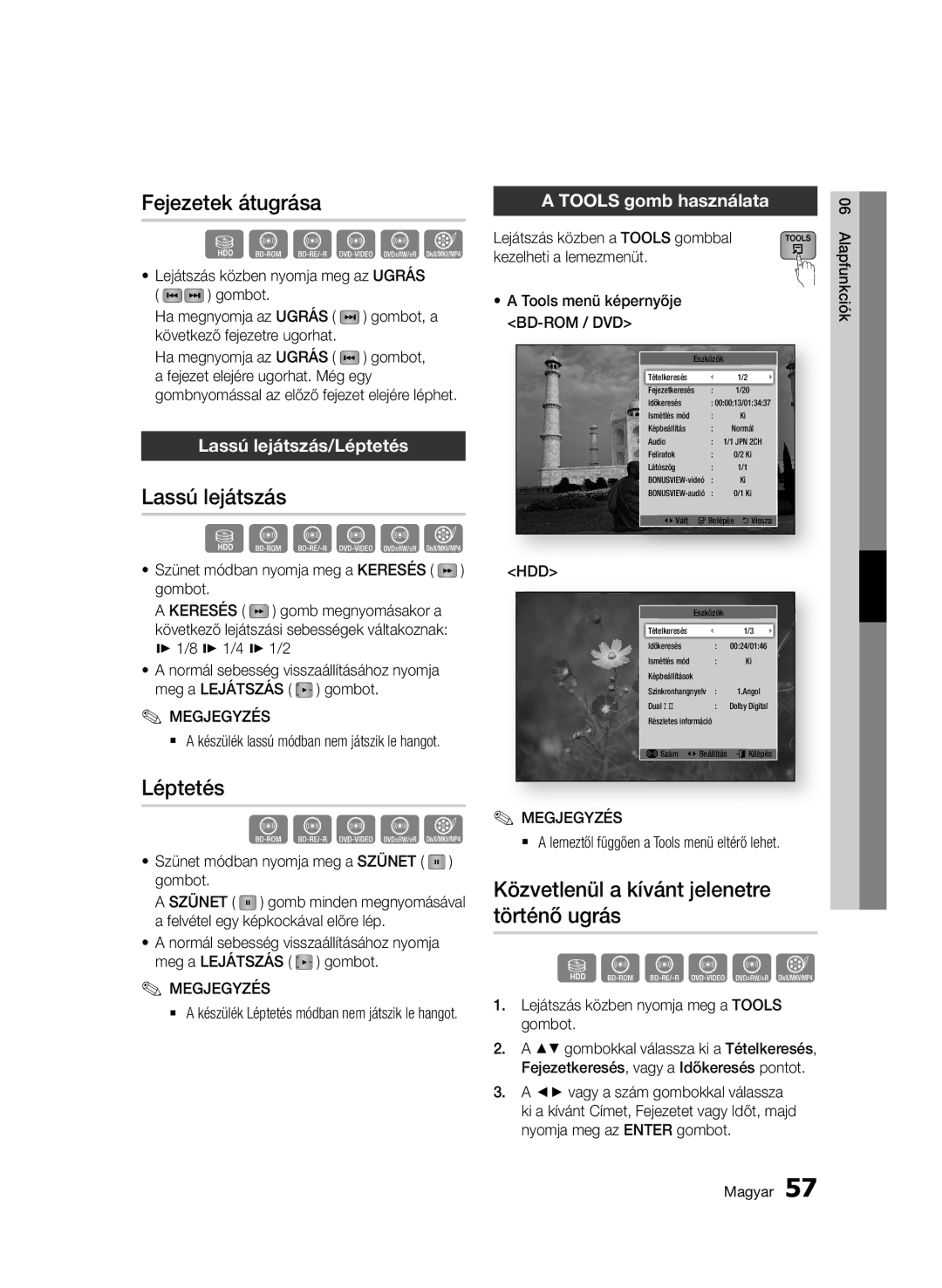 Samsung BD-C8900/XEF manual Fejezetek átugrása, Lassú lejátszás, Léptetés, Közvetlenül a kívánt jelenetre Történő ugrás 