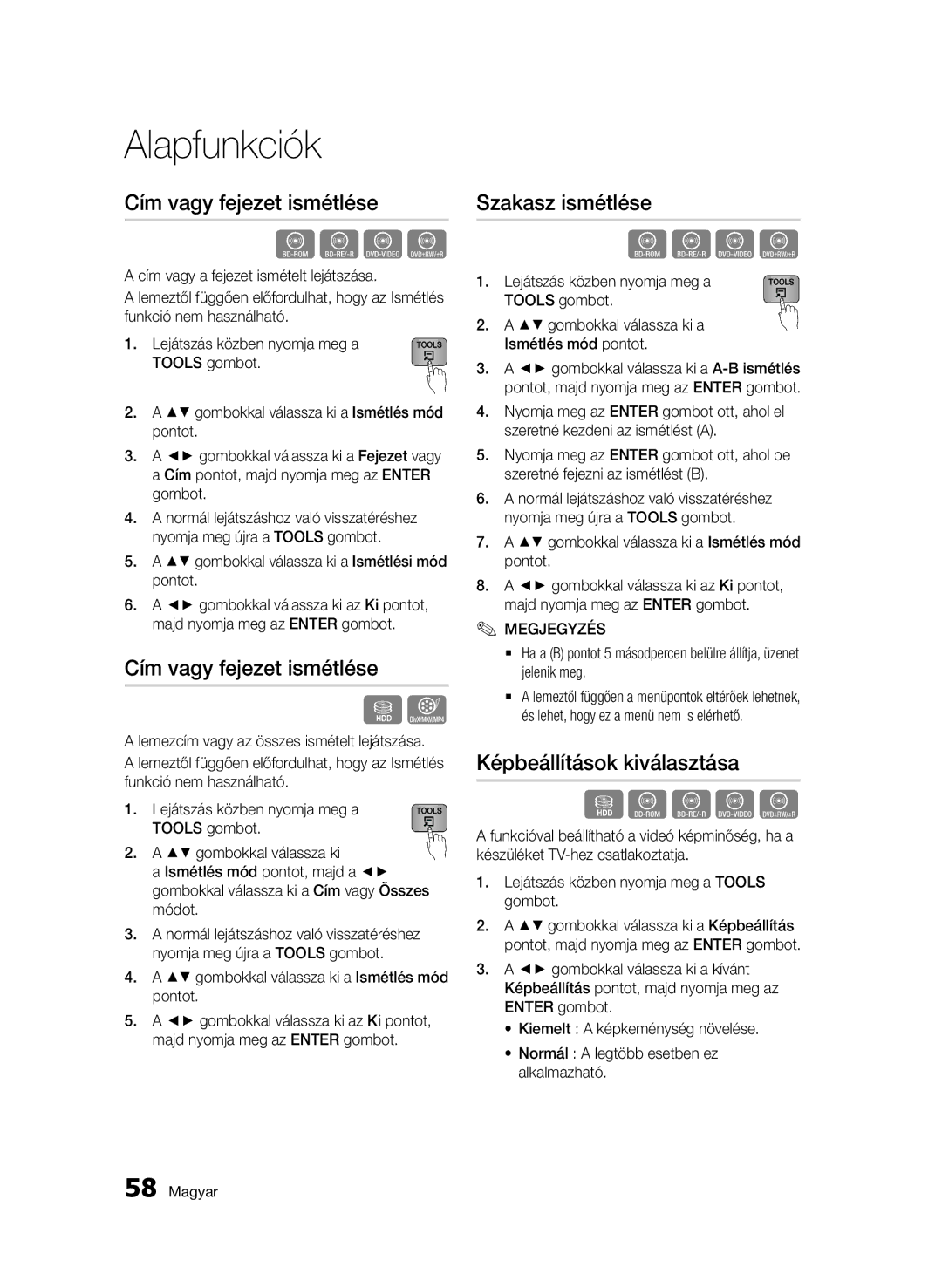 Samsung BD-D8900/EN, BD-C8900/EDC, BD-C8900/XEF Cím vagy fejezet ismétlése, Szakasz ismétlése, Képbeállítások kiválasztása 