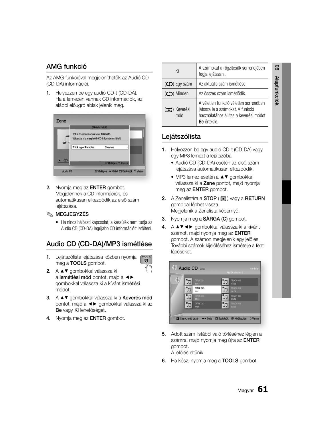 Samsung BD-C8900/XEF, BD-C8900/EDC, BD-D8900/EN, BD-C8900/XEE manual AMG funkció, Audio CD CD-DA/MP3 ismétlése, Lejátszólista 