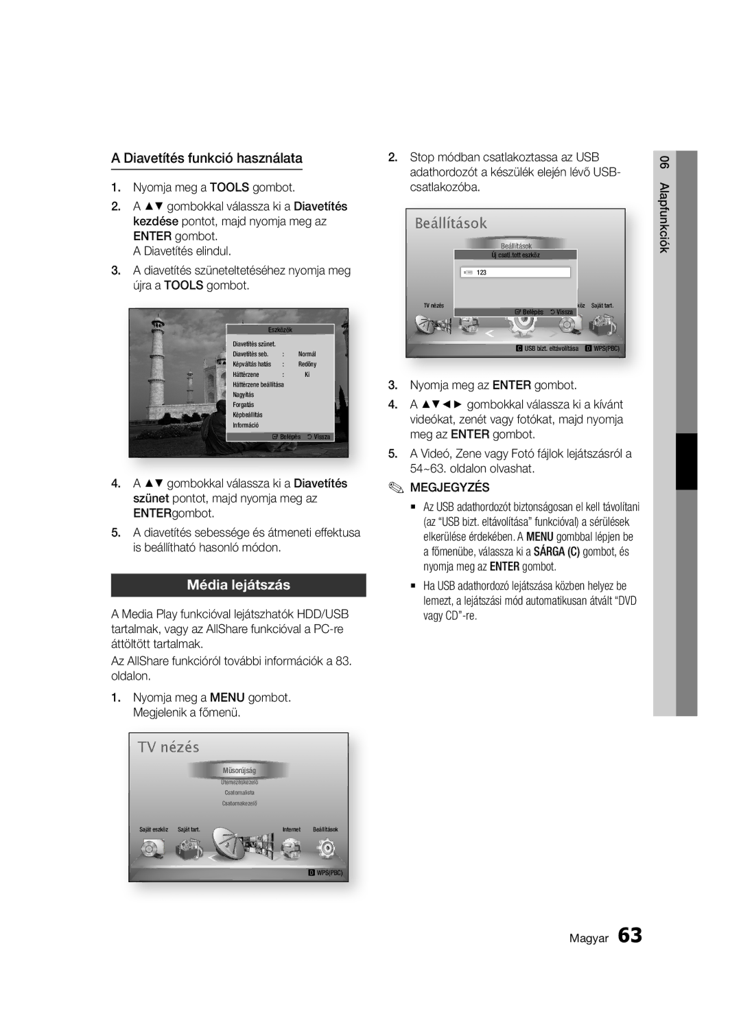 Samsung BD-C8900/XEE manual Diavetítés funkció használata, Média lejátszás, Stop módban csatlakoztassa az USB, Csatlakozóba 