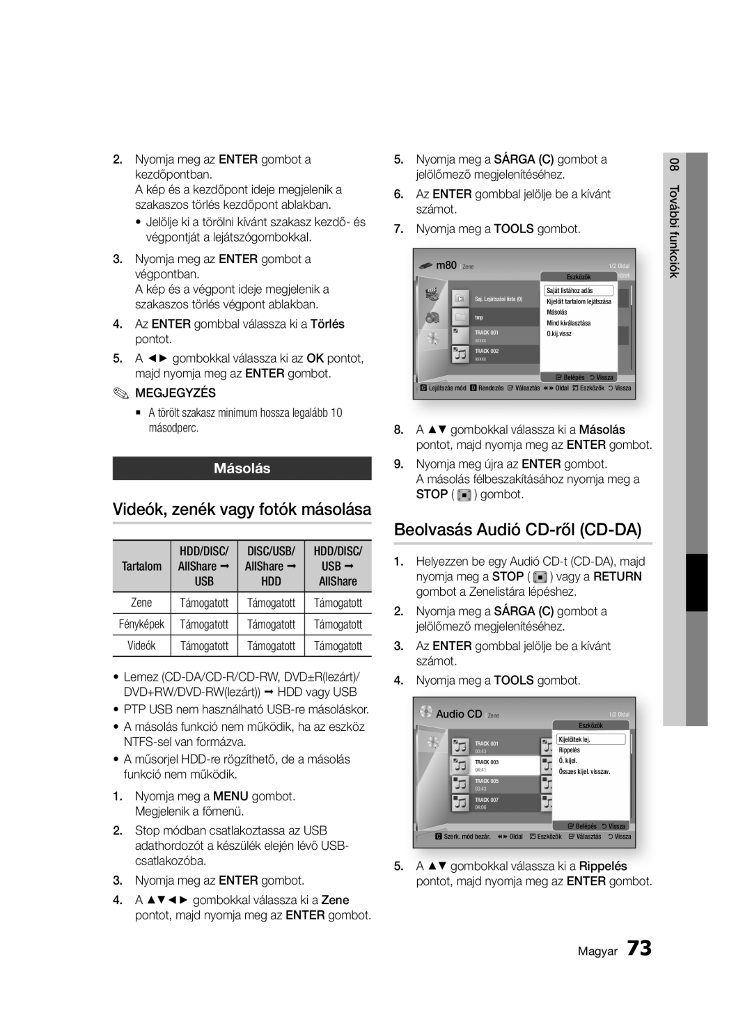 Samsung BD-C8900/XEF, BD-C8900/EDC, BD-D8900/EN Videók, zenék vagy fotók másolása, Beolvasás Audió CD-ről CD-DA, Másolás 