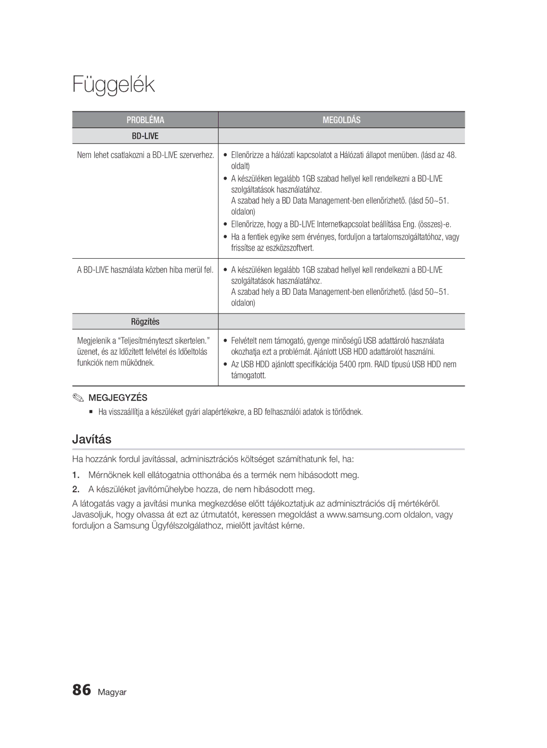 Samsung BD-D8900/EN, BD-C8900/EDC, BD-C8900/XEF, BD-C8900/XEE manual Javítás 