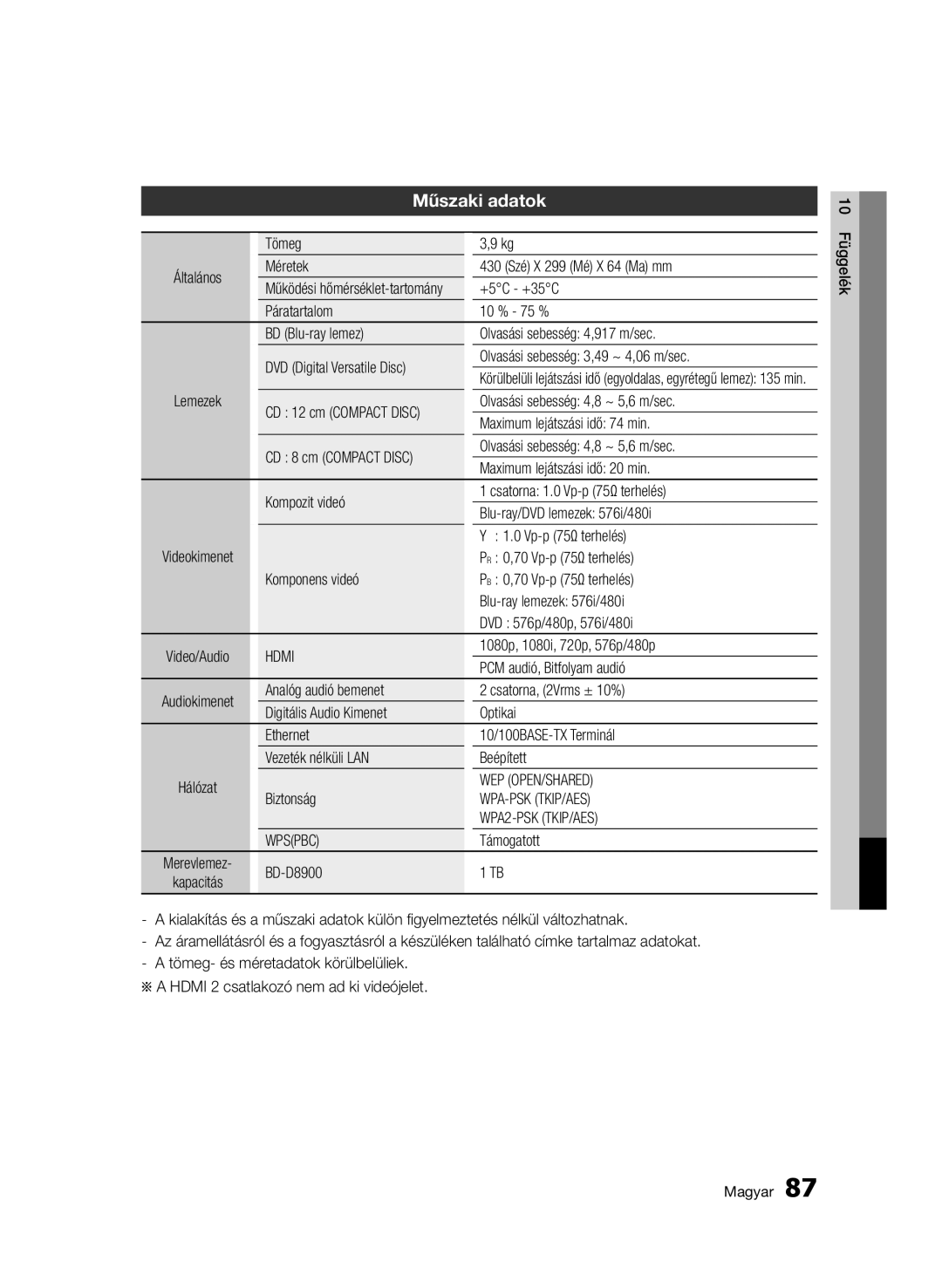 Samsung BD-C8900/XEE, BD-C8900/EDC, BD-C8900/XEF, BD-D8900/EN manual Műszaki adatok 