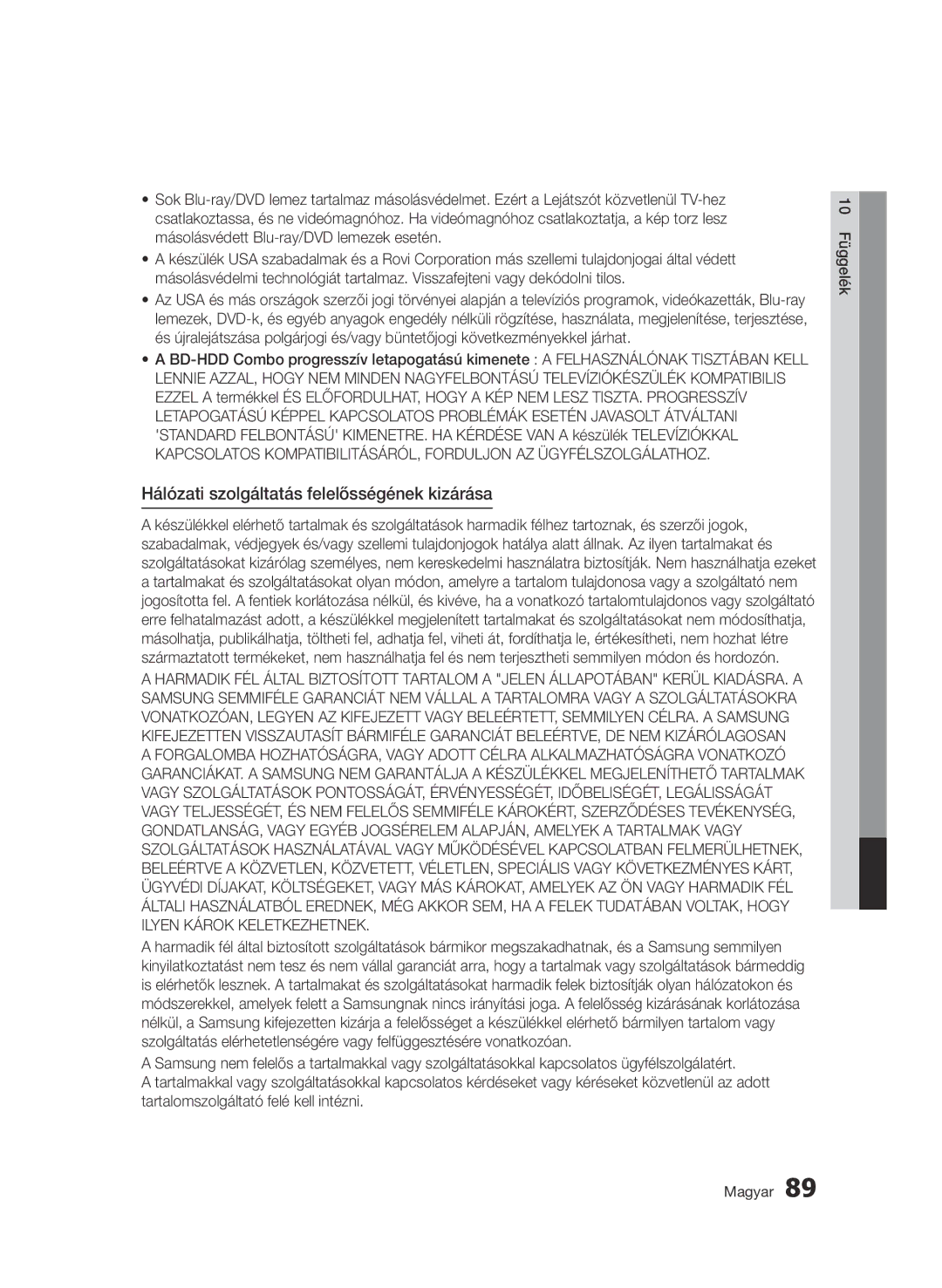 Samsung BD-C8900/XEF, BD-C8900/EDC, BD-D8900/EN, BD-C8900/XEE manual Hálózati szolgáltatás felelősségének kizárása 