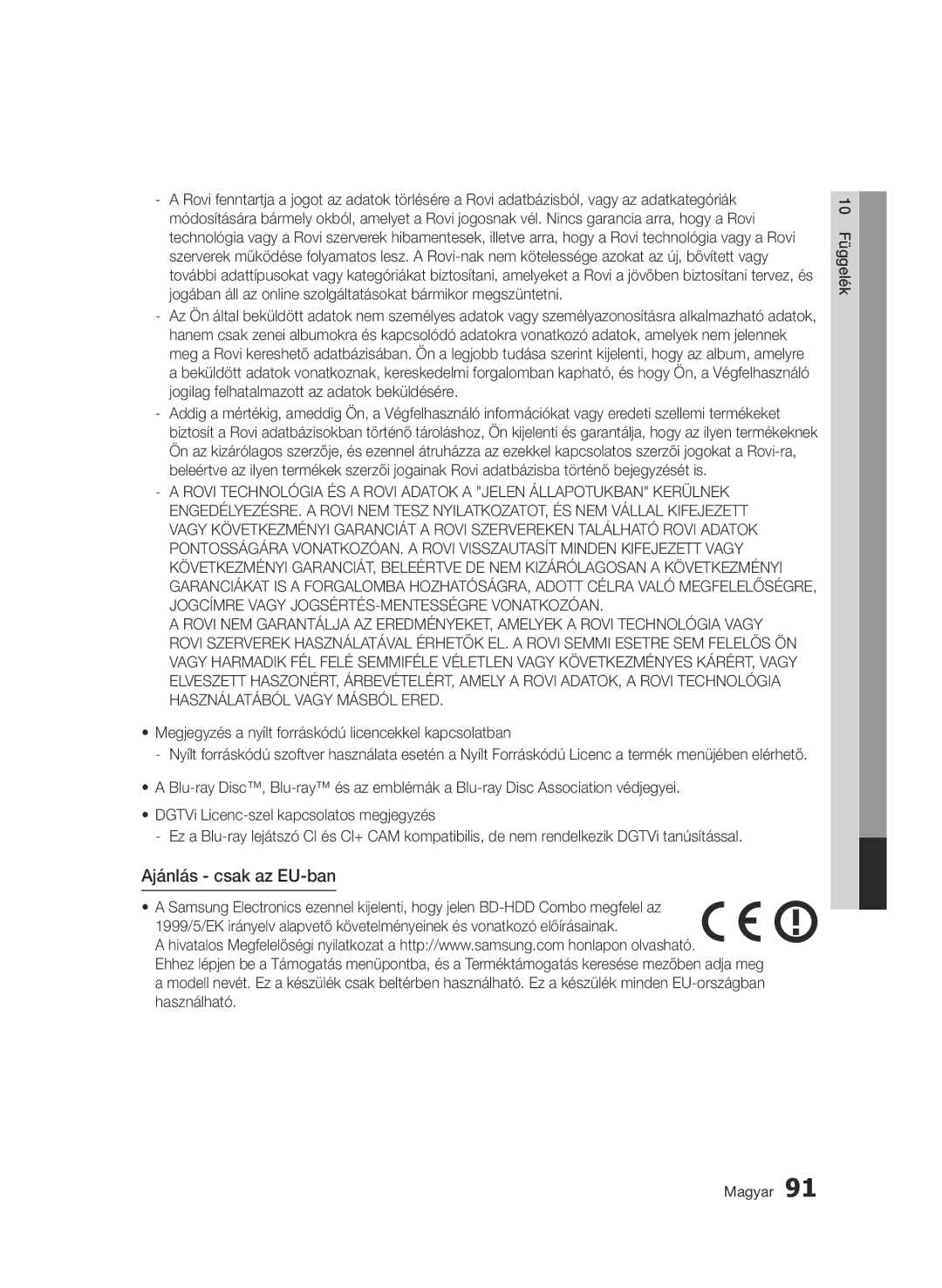 Samsung BD-C8900/XEE, BD-C8900/EDC manual Ajánlás csak az EU-ban, Megjegyzés a nyílt forráskódú licencekkel kapcsolatban 