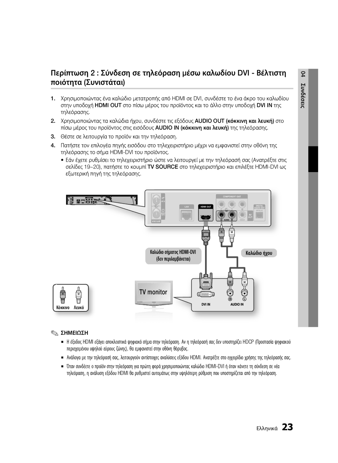 Samsung BD-C8900/EDC manual Καλώδιο ήχου, Κόκκινο Λευκό, Καλώδιο σήματος HDMI-DVI δεν περιλαμβάνεται 