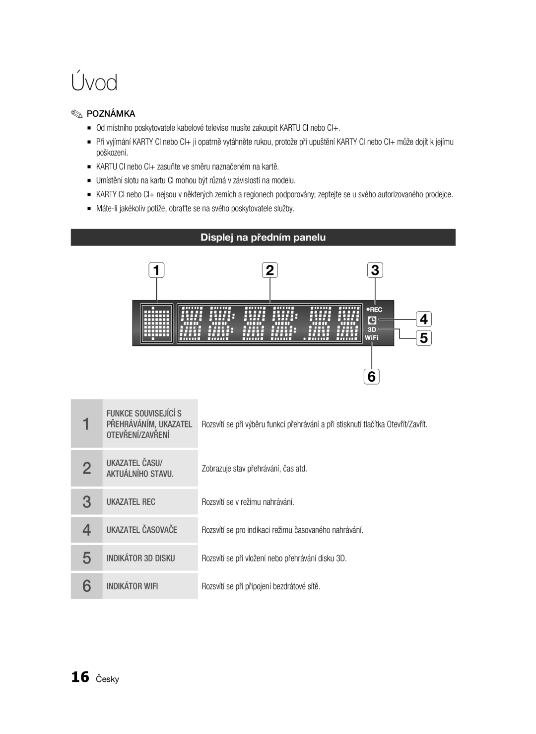 Samsung BD-C8900/EDC manual Displej na předním panelu, 16 Česky 