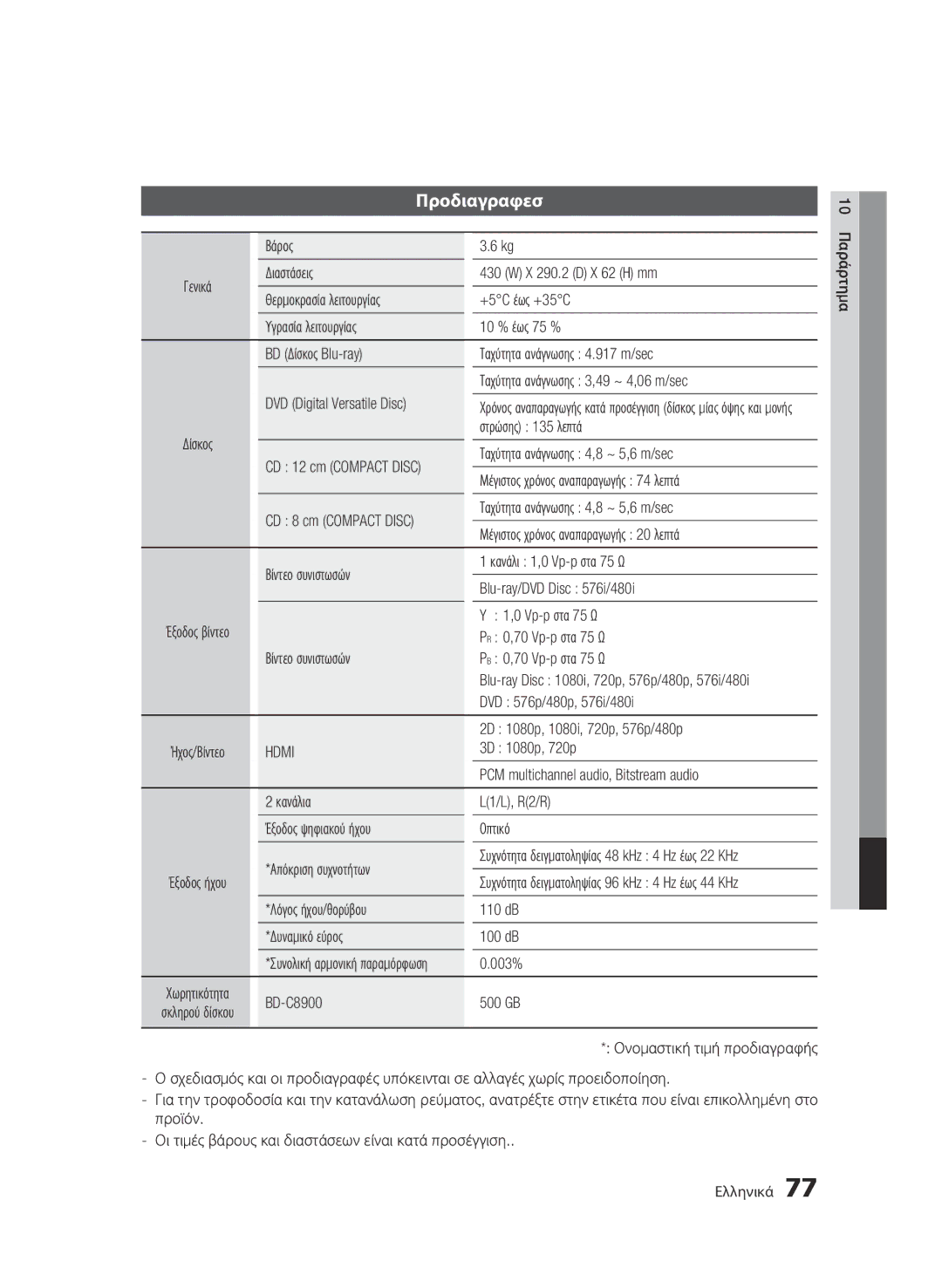 Samsung BD-C8900/EDC manual Προδιαγραφεσ, Βάρος, Στρώσης 135 λεπτά, Απόκριση συχνοτήτων 