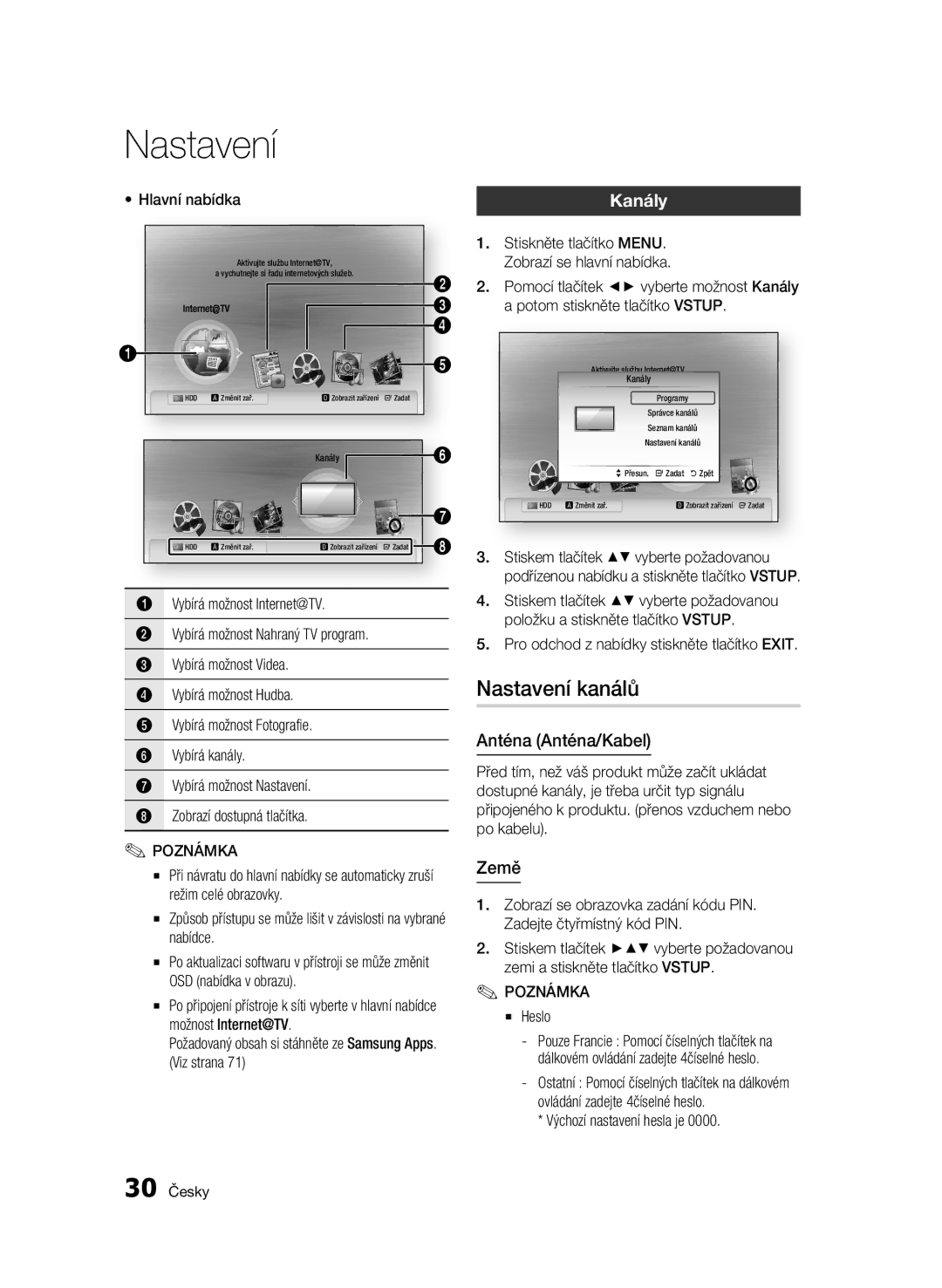 Samsung BD-C8900/EDC manual Nastavení kanálů, Kanály, Anténa Anténa/Kabel, Země, Hlavní nabídka 