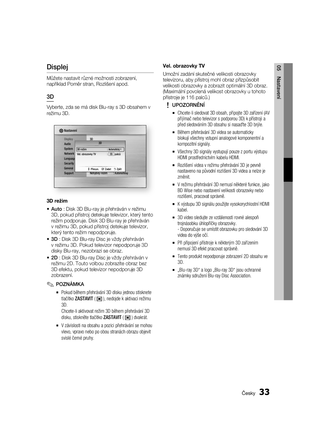 Samsung BD-C8900/EDC manual Displej, Vyberte, zda se má disk Blu-ray s 3D obsahem v režimu 3D, 3D režim, Vel. obrazovky TV 