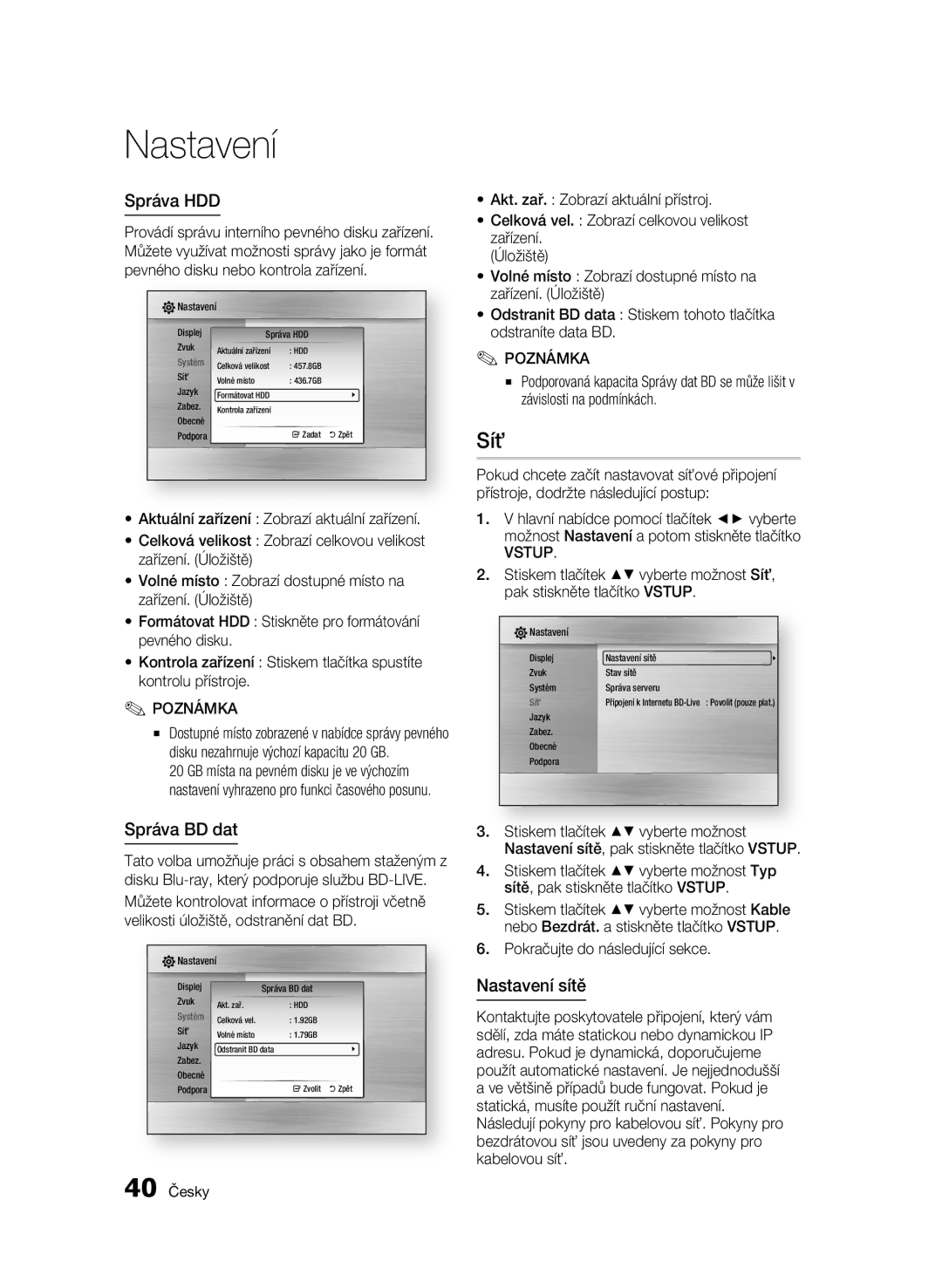 Samsung BD-C8900/EDC manual Síť, Správa HDD, Správa BD dat, Nastavení sítě, Vstup 