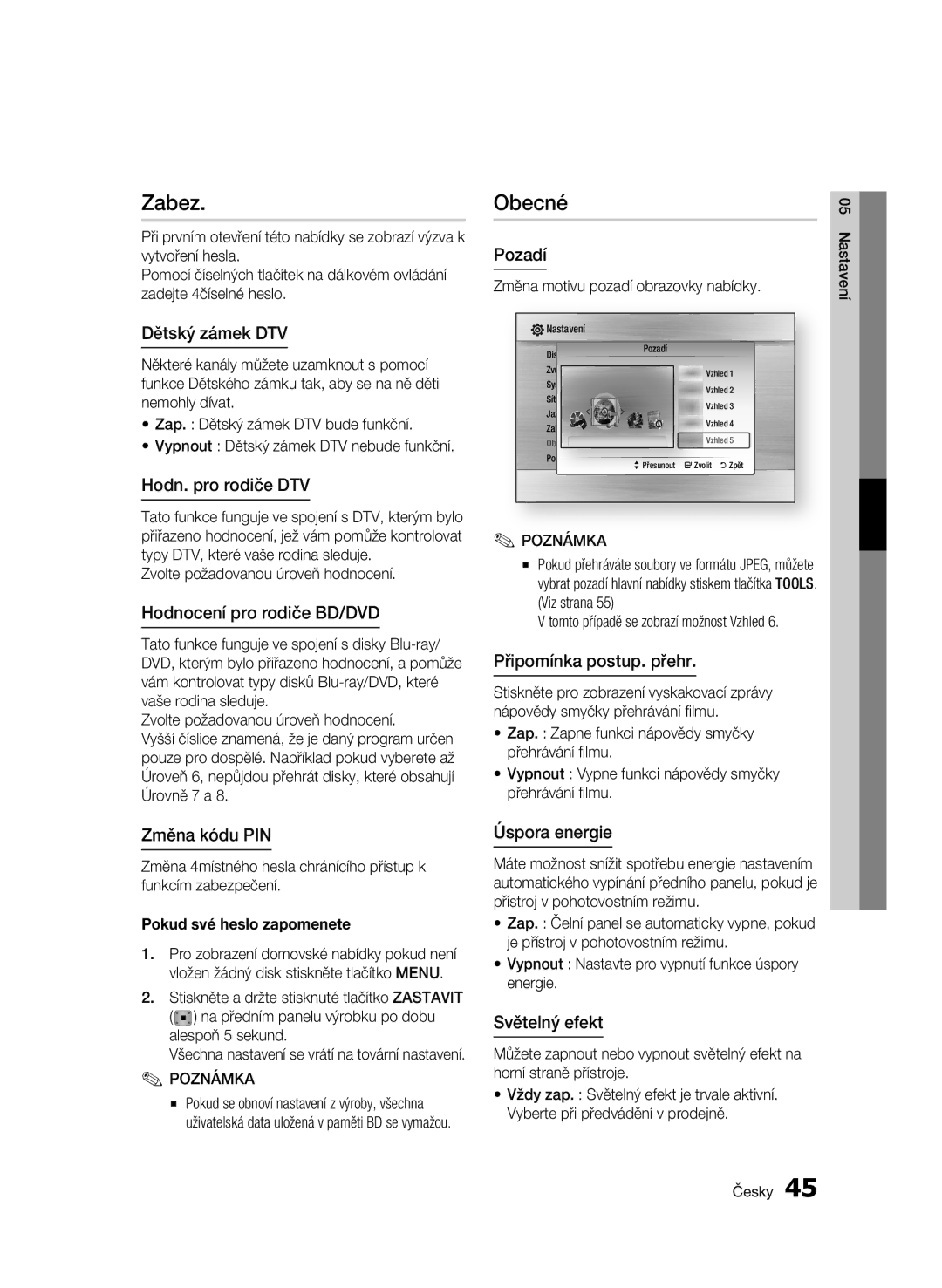 Samsung BD-C8900/EDC manual Zabez, Obecné 