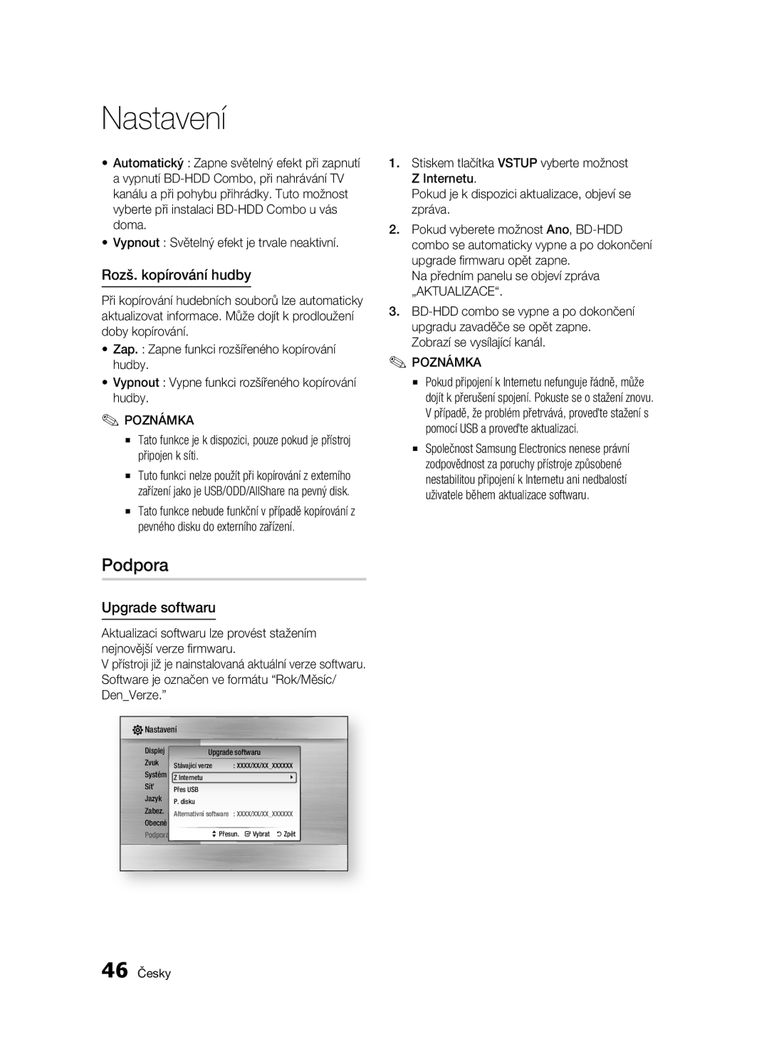 Samsung BD-C8900/EDC manual Podpora, Rozš. kopírování hudby, 46 Česky, Nastavení Displej Upgrade softwaru Zvuk 