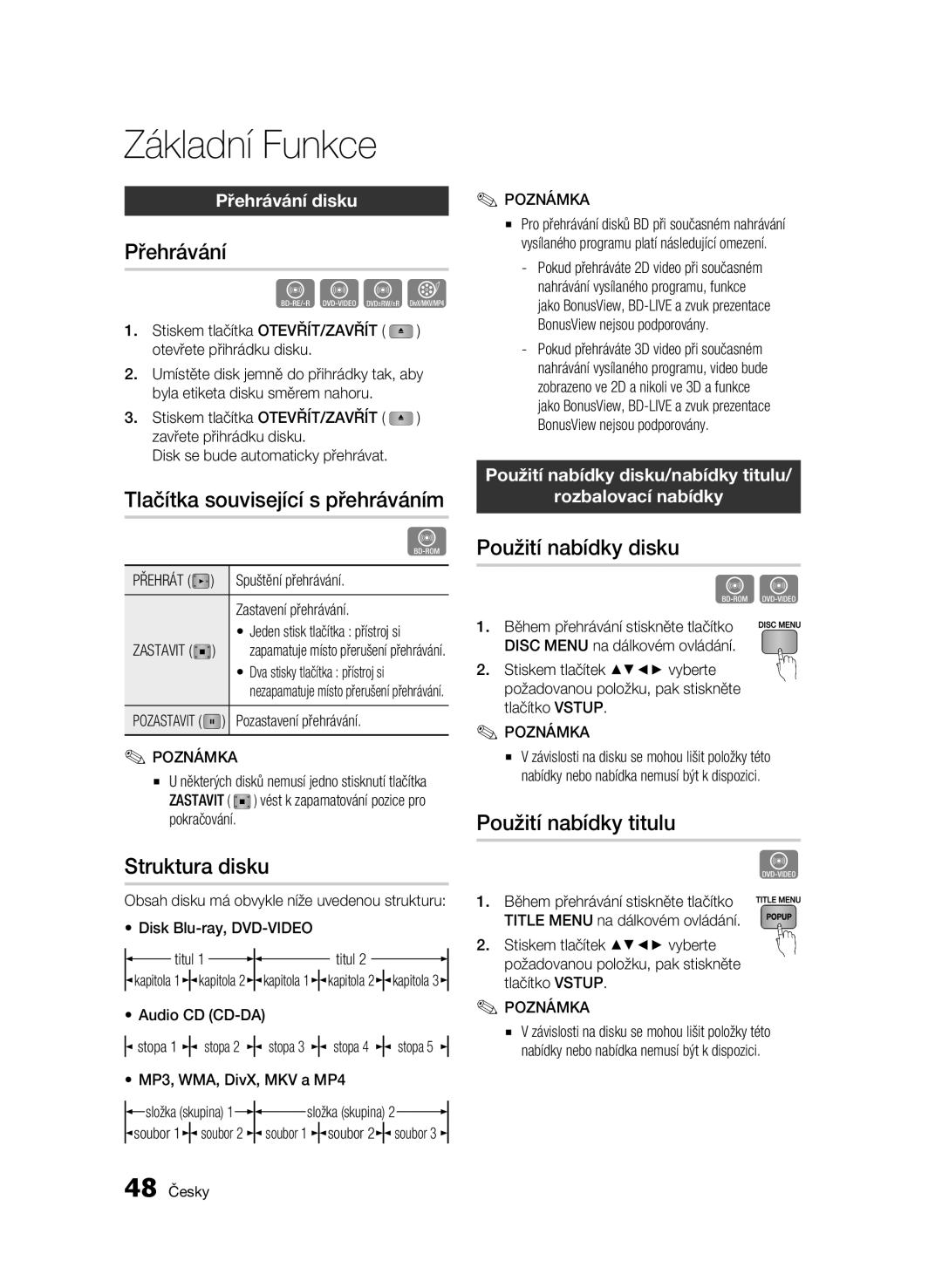 Samsung BD-C8900/EDC manual Základní Funkce 