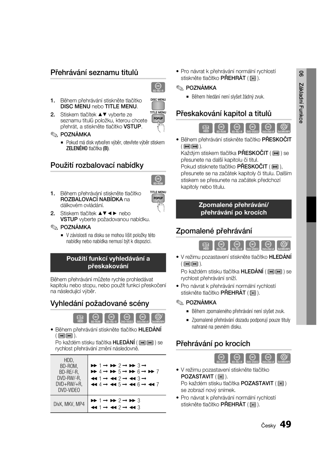 Samsung BD-C8900/EDC manual Přehrávání seznamu titulů, Použití rozbalovací nabídky, Vyhledání požadované scény 