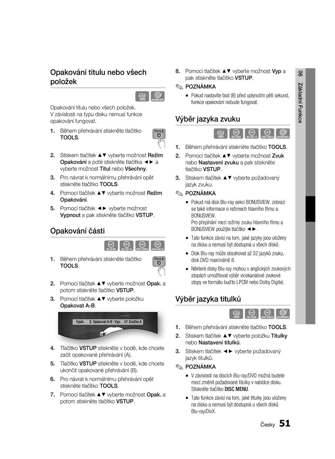 Samsung BD-C8900/EDC manual Opakování titulu nebo všech položek, Opakování části, Výběr jazyka zvuku, Výběr jazyka titulků 