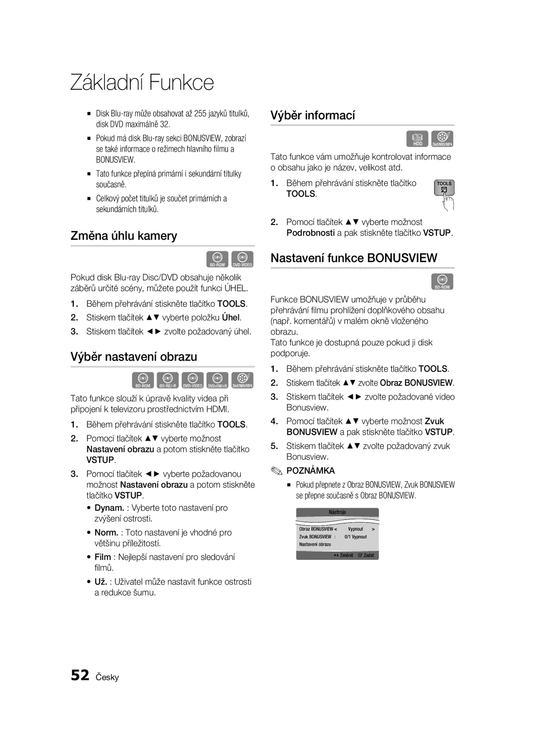 Samsung BD-C8900/EDC manual Změna úhlu kamery, Výběr nastavení obrazu, Výběr informací, Nastavení funkce Bonusview 