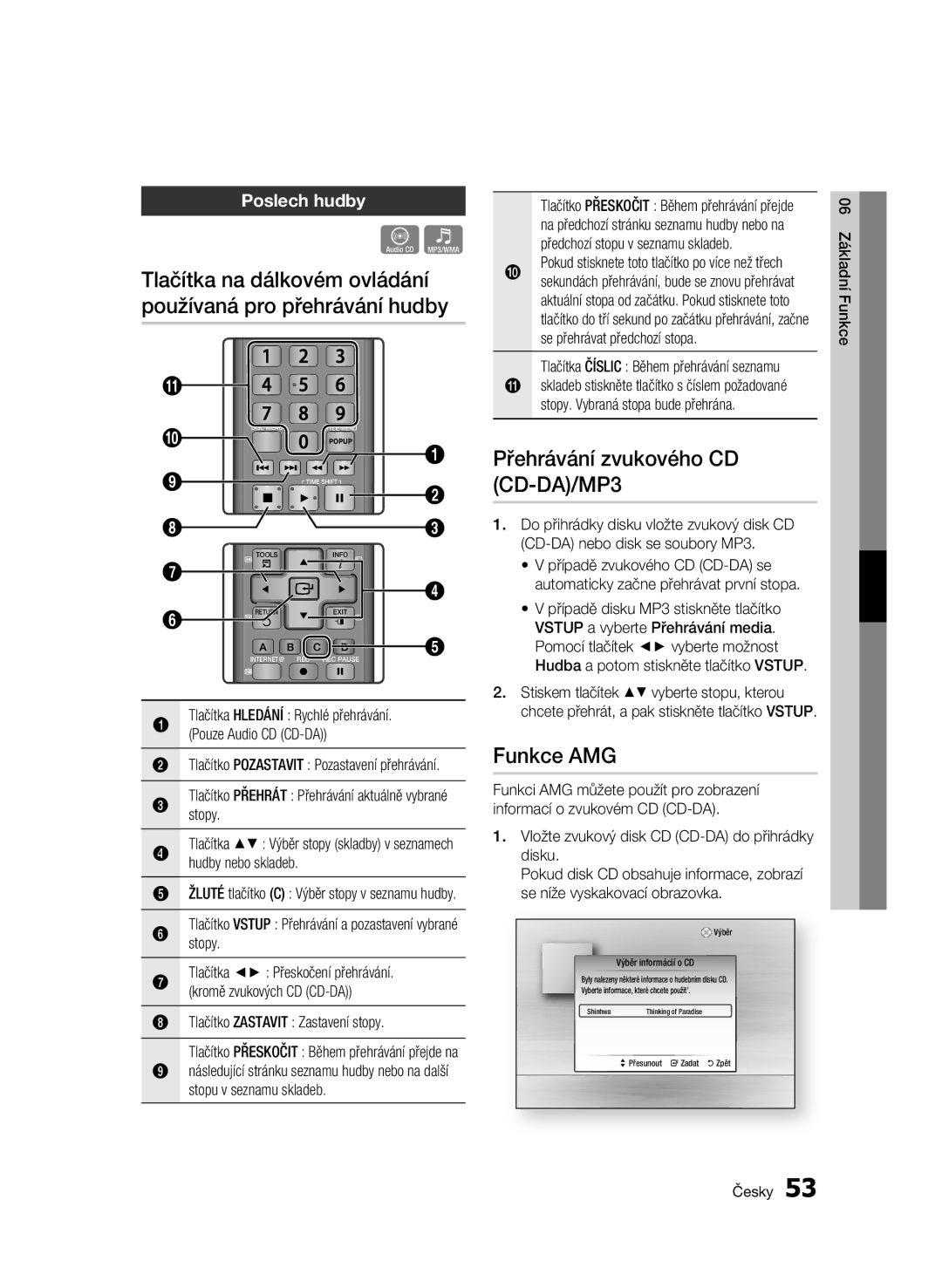 Samsung BD-C8900/EDC manual Přehrávání zvukového CD CD-DA/MP3, Funkce AMG, Poslech hudby 