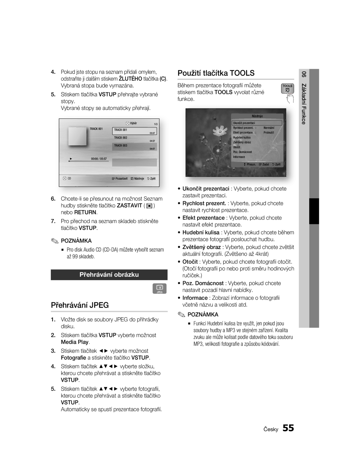 Samsung BD-C8900/EDC manual Přehrávání Jpeg, Použití tlačítka Tools, Přehrávání obrázku 