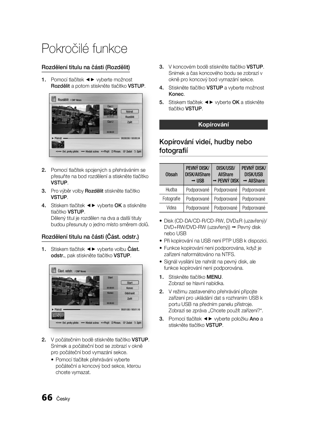 Samsung BD-C8900/EDC manual Kopírování videí, hudby nebo fotografií, Rozdělení titulu na části Rozdělit, Usb 