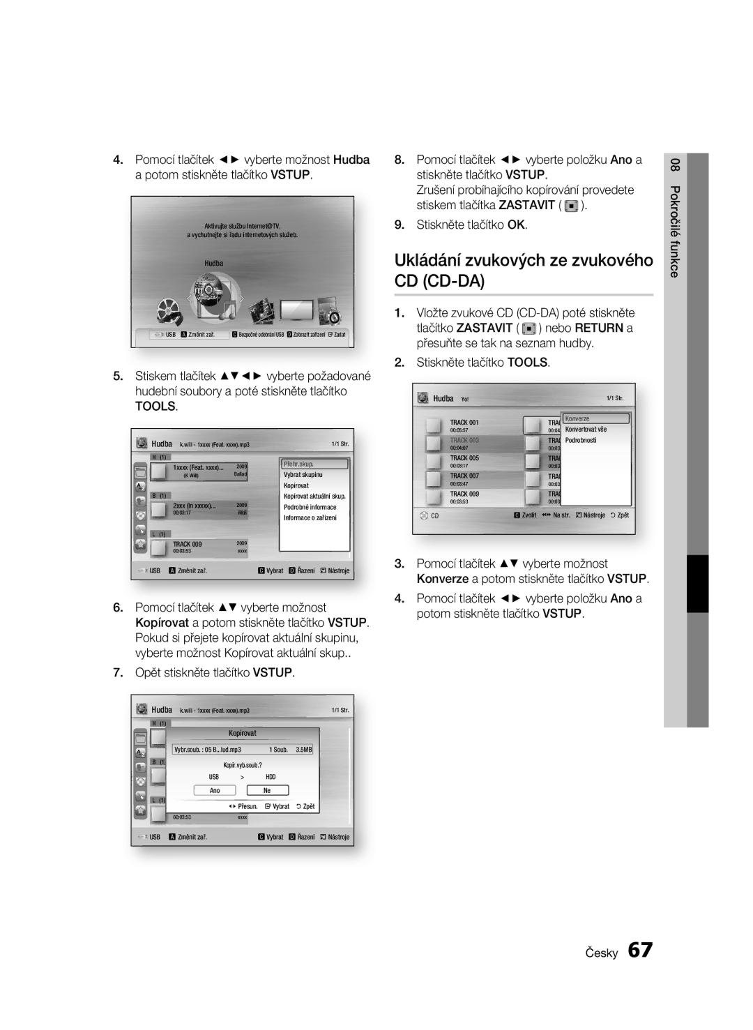 Samsung BD-C8900/EDC manual Ukládání zvukových ze zvukového CD CD-DA, Stiskněte tlačítko OK, Stiskněte tlačítko Tools 