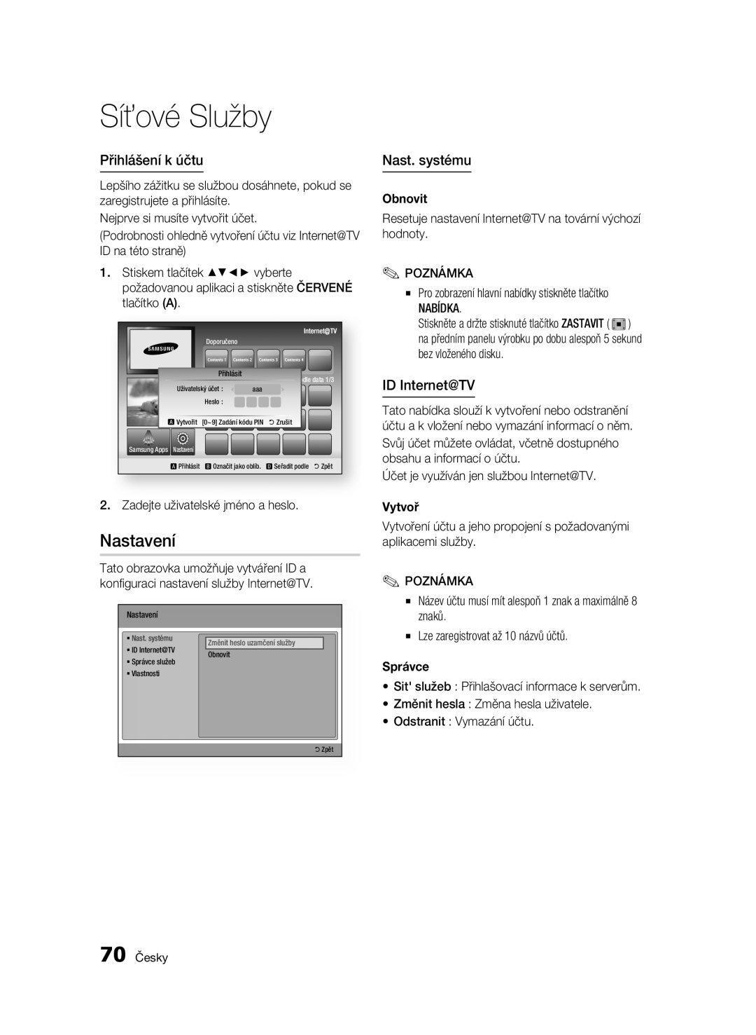 Samsung BD-C8900/EDC manual Nastavení, Přihlášení k účtu, Nast. systému, ID Internet@TV 