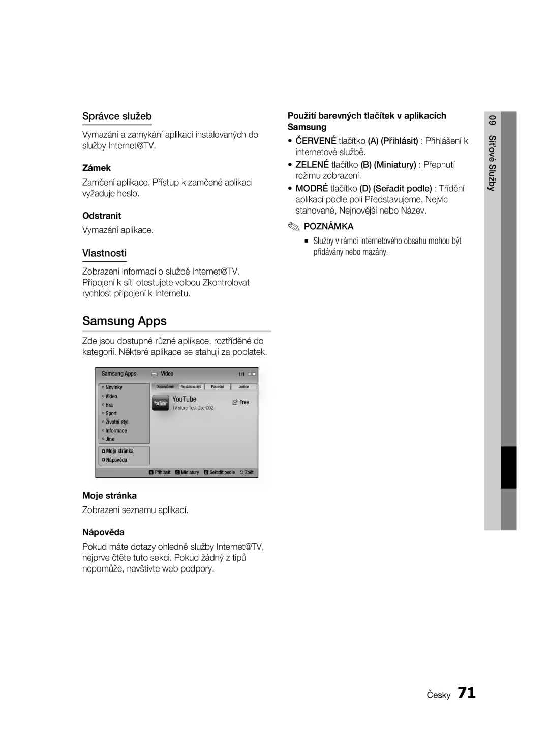 Samsung BD-C8900/EDC manual Samsung Apps, Správce služeb, Vlastnosti 