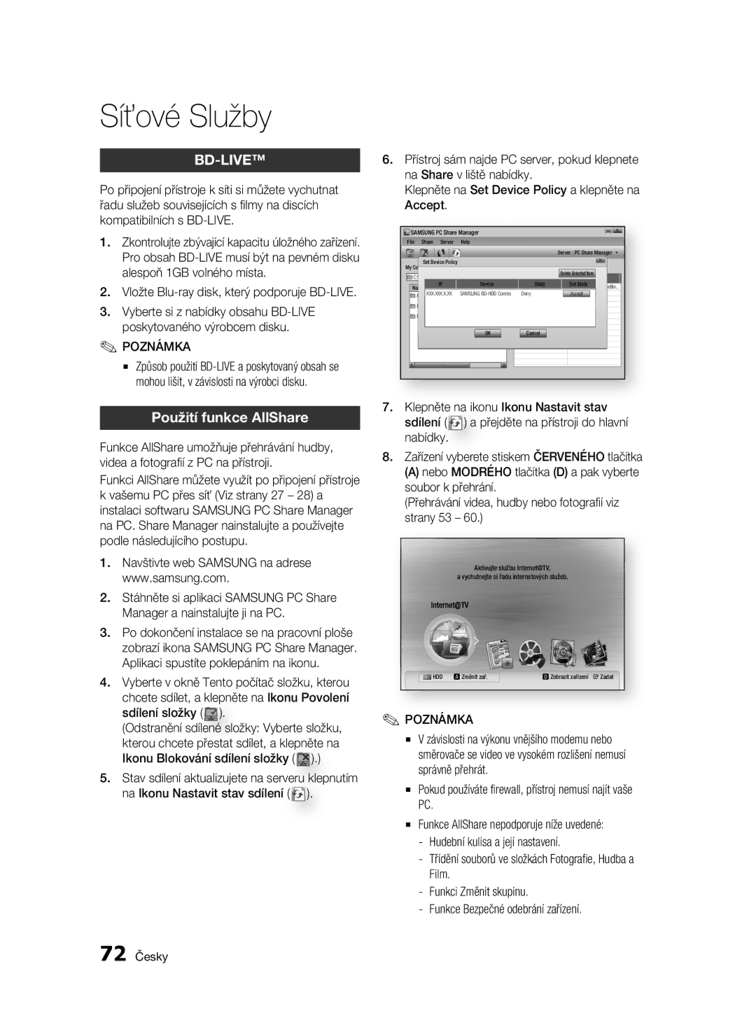 Samsung BD-C8900/EDC manual Použití funkce AllShare, Vložte Blu-ray disk, který podporuje BD-LIVE, 72 Česky 