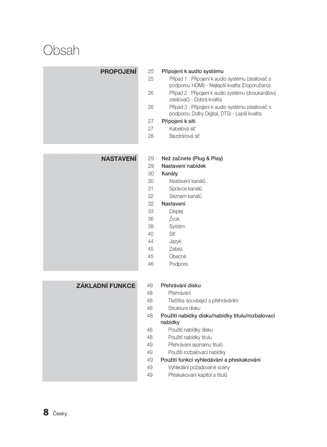 Samsung BD-C8900/EDC manual 25 Připojení k audio systému, 27 Připojení k síti Kabelová síť Bezdrátová síť, Síť 