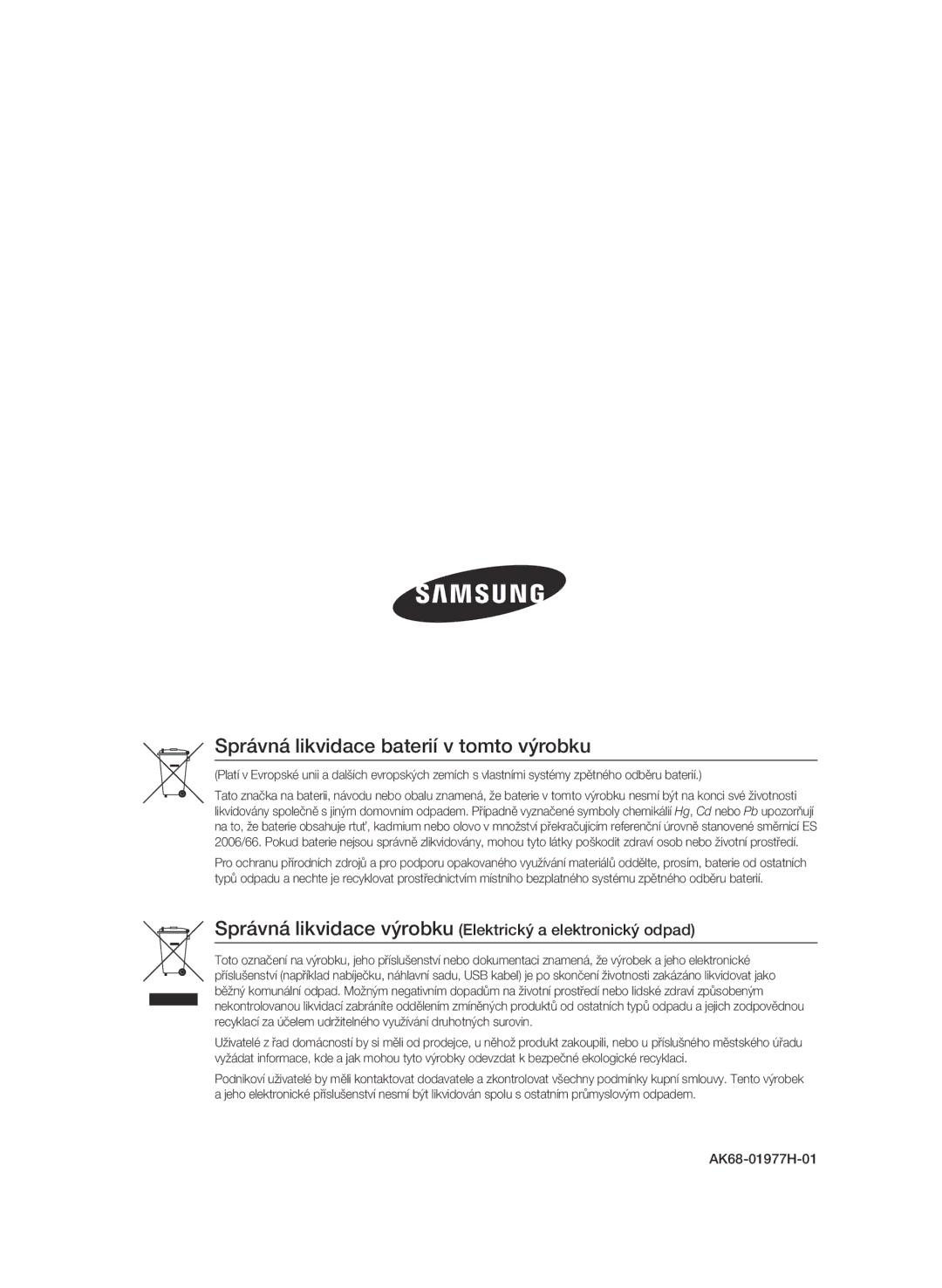 Samsung BD-C8900/EDC manual Správná likvidace výrobku Elektrický a elektronický odpad, AK68-01977H-01 