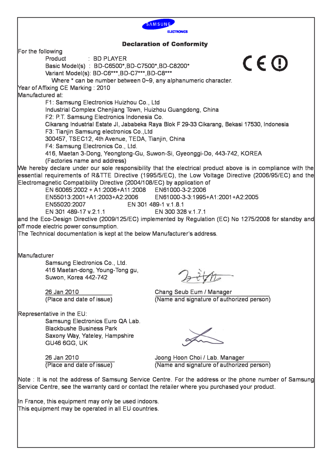 Samsung BD-C6500/XEN, BD-C8900S/XEG, BD-C6600/EDC, BD-C6500/EDC, BD-C7500/XEN, BD-C8200/EDC manual Declaration of Conformity 