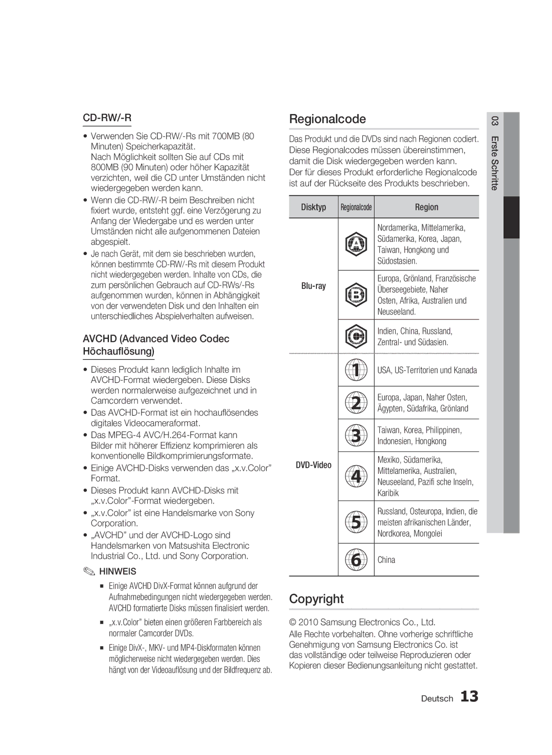 Samsung BD-C8900S/XEG manual Regionalcode, Copyright, Avchd Advanced Video Codec Höchauflösung 