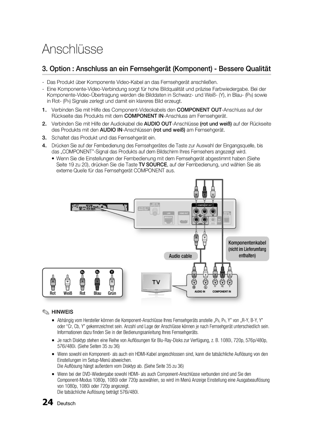 Samsung BD-C8900S/XEG manual Audio cable, Die tatsächliche Auflösung beträgt 576i/480i 