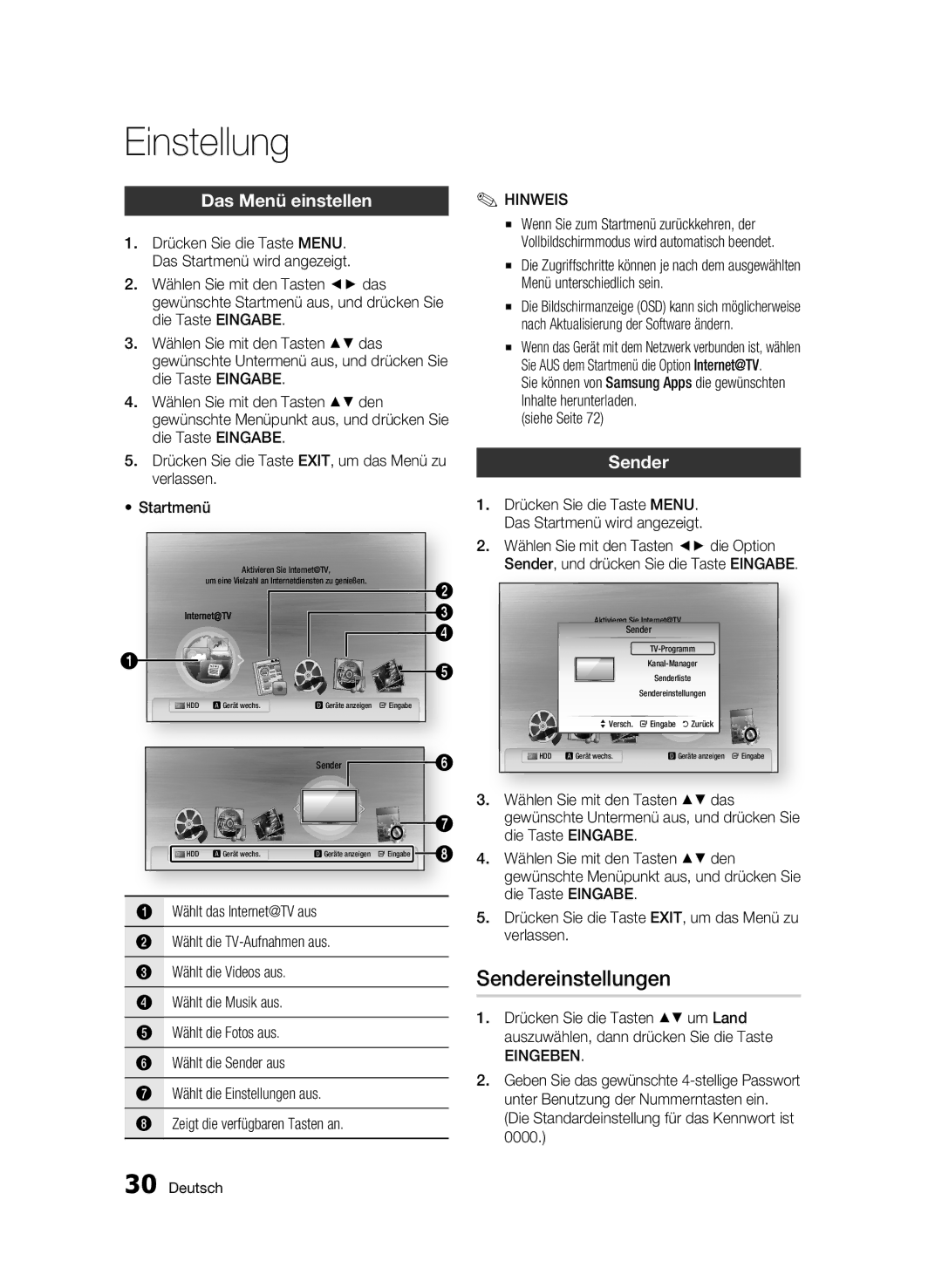 Samsung BD-C8900S/XEG manual Sendereinstellungen, Das Menü einstellen, Eingeben 