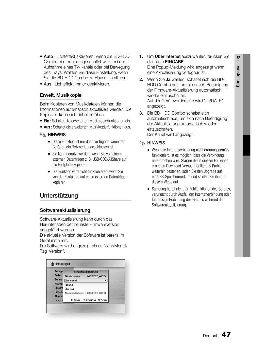 Samsung BD-C8900S/XEG manual Unterstützung, Erweit. Musikkopie, Aus Lichteffekt immer deaktivieren 