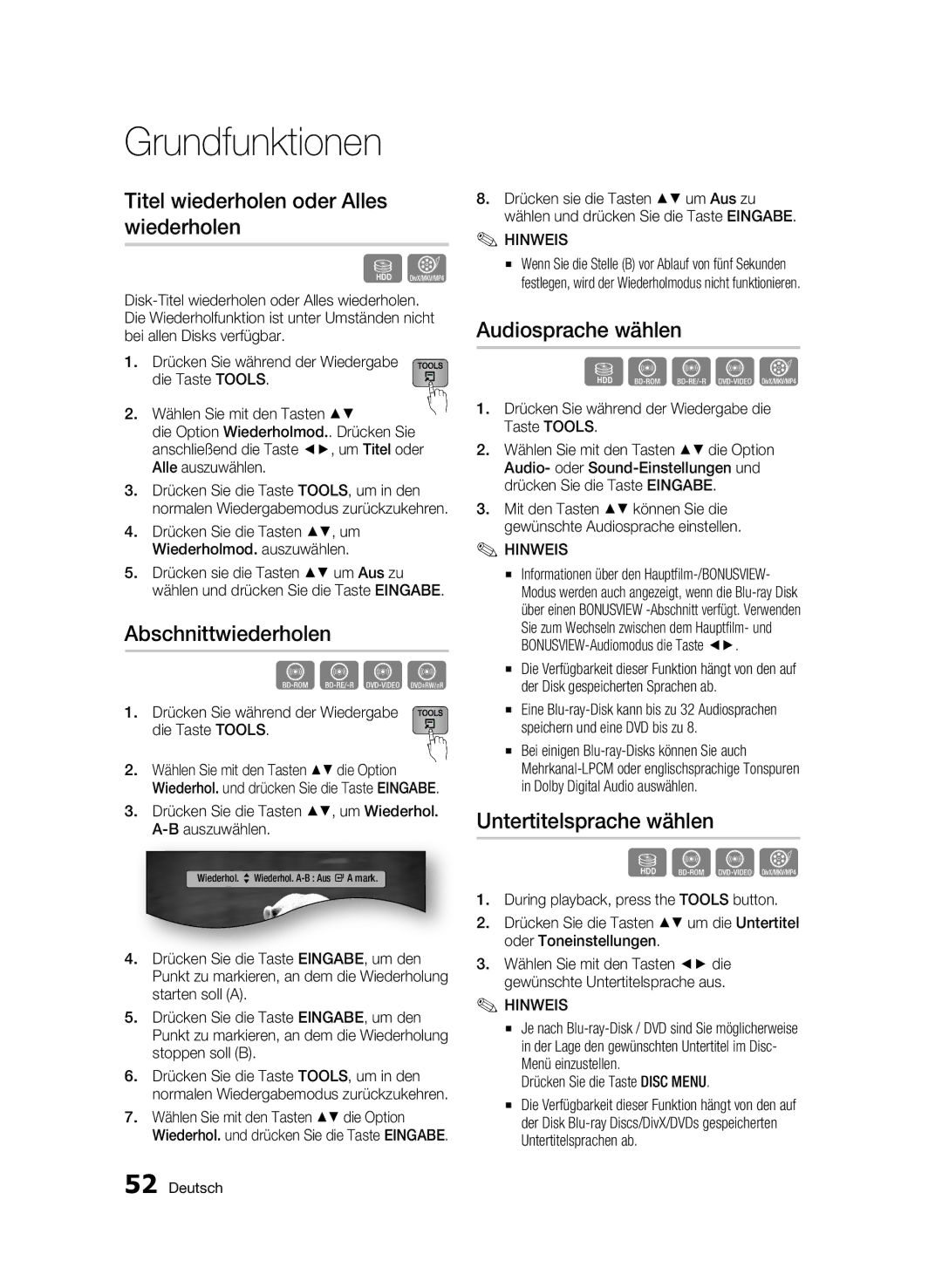 Samsung BD-C8900S/XEG manual Titel wiederholen oder Alles wiederholen, Abschnittwiederholen, Audiosprache wählen 