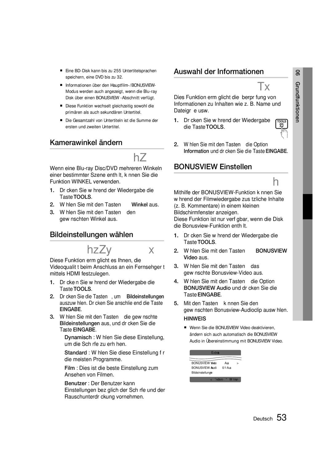 Samsung BD-C8900S/XEG manual Kamerawinkel ändern, Bildeinstellungen wählen, Auswahl der Informationen, Bonusview Einstellen 