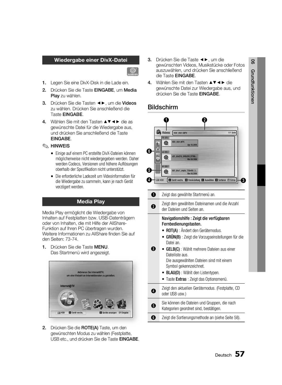 Samsung BD-C8900S/XEG manual Bildschirm, Wiedergabe einer DivX-Datei, Media Play, Eingabe Hinweis 