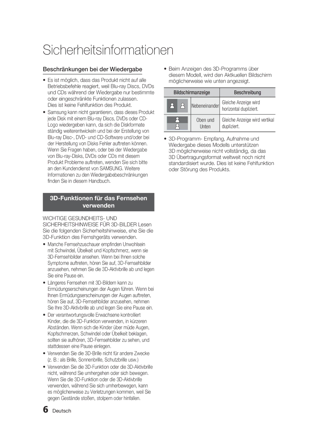 Samsung BD-C8900S/XEG manual Beschränkungen bei der Wiedergabe, 3D-Funktionen für das Fernsehen Verwenden, Dupliziert 