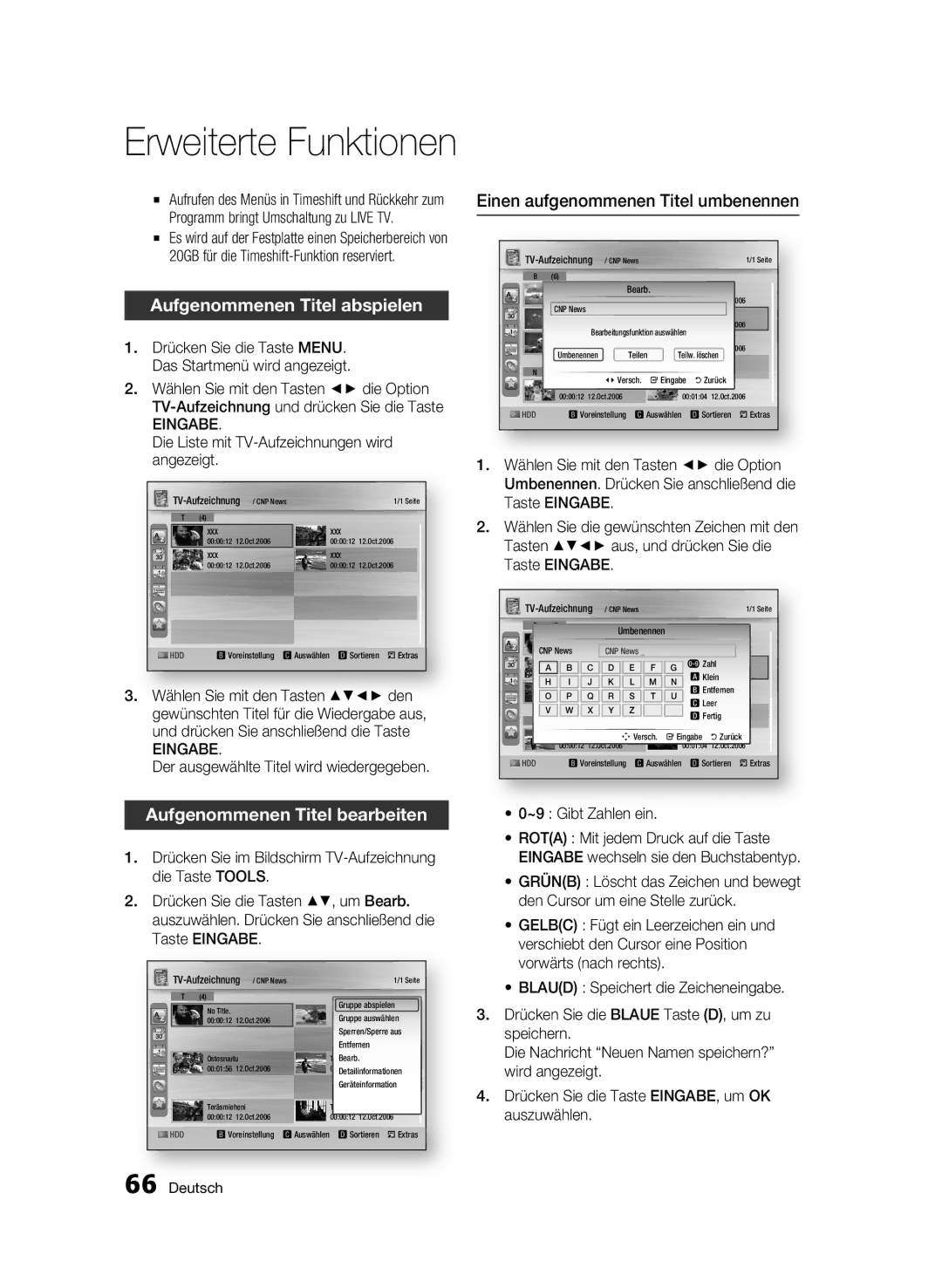 Samsung BD-C8900S/XEG Aufgenommenen Titel abspielen, Aufgenommenen Titel bearbeiten, Einen aufgenommenen Titel umbenennen 