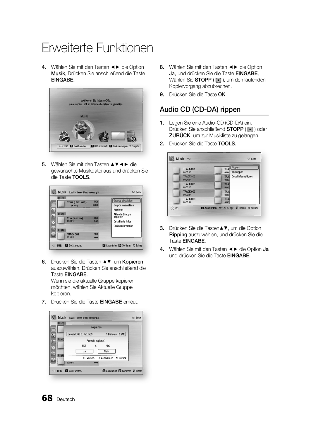 Samsung BD-C8900S/XEG manual Audio CD CD-DA rippen, Wählen Sie mit den Tasten die, Drücken Sie die Tasten , um Kopieren 