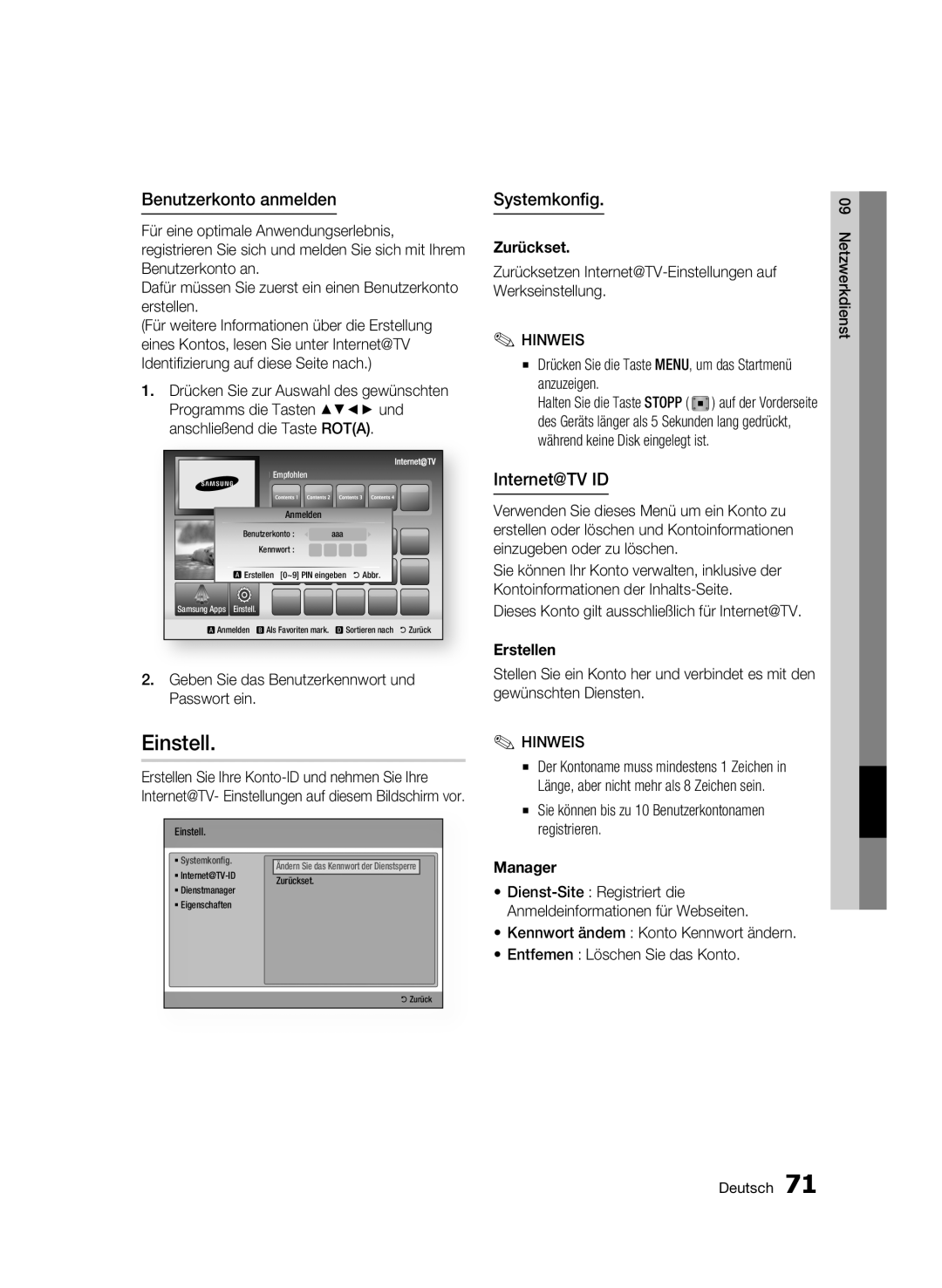 Samsung BD-C8900S/XEG manual Einstell, Benutzerkonto anmelden, Systemkonfig, Internet@TV ID 