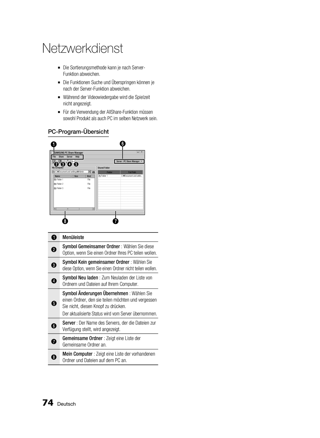 Samsung BD-C8900S/XEG manual PC-Program-Übersicht, Menüleiste Symbol Gemeinsamer Ordner Wählen Sie diese 