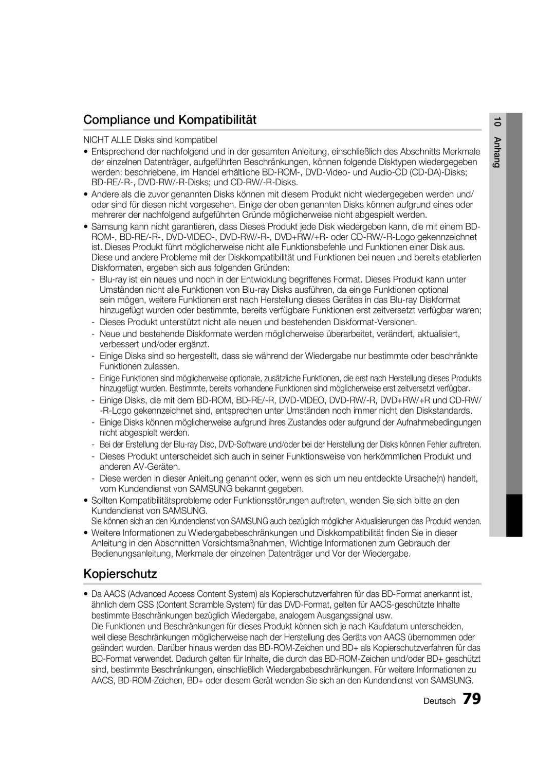 Samsung BD-C8900S/XEG manual Compliance und Kompatibilität, Kopierschutz, Nicht Alle Disks sind kompatibel 