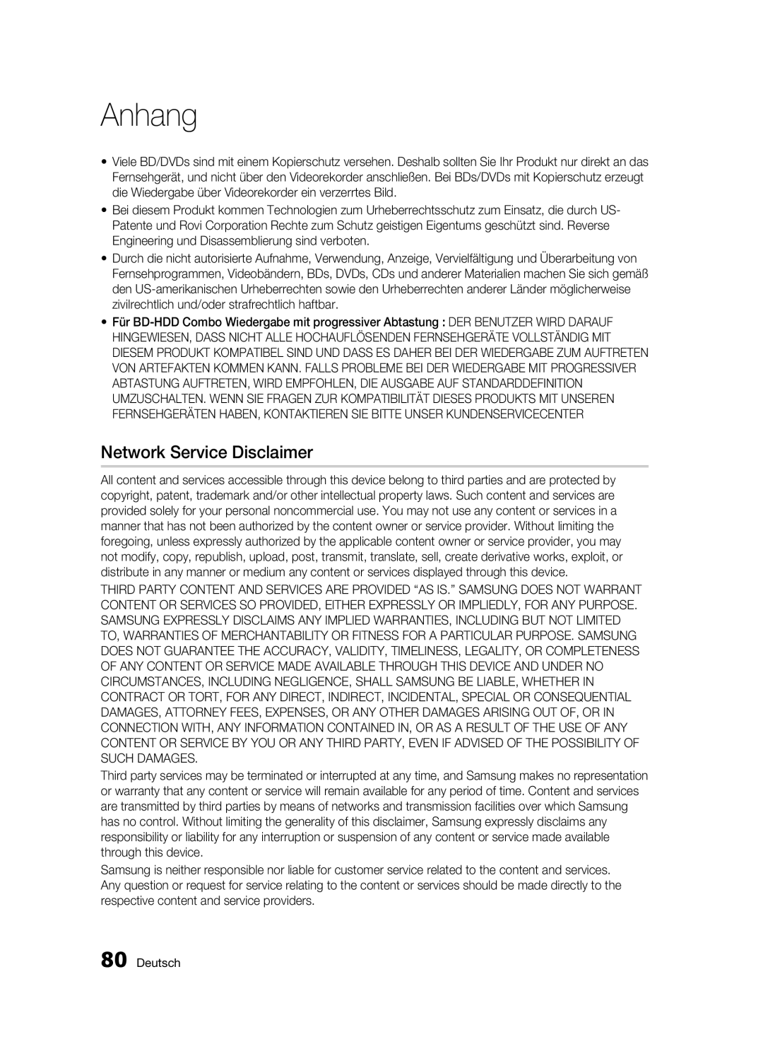 Samsung BD-C8900S/XEG manual Network Service Disclaimer 