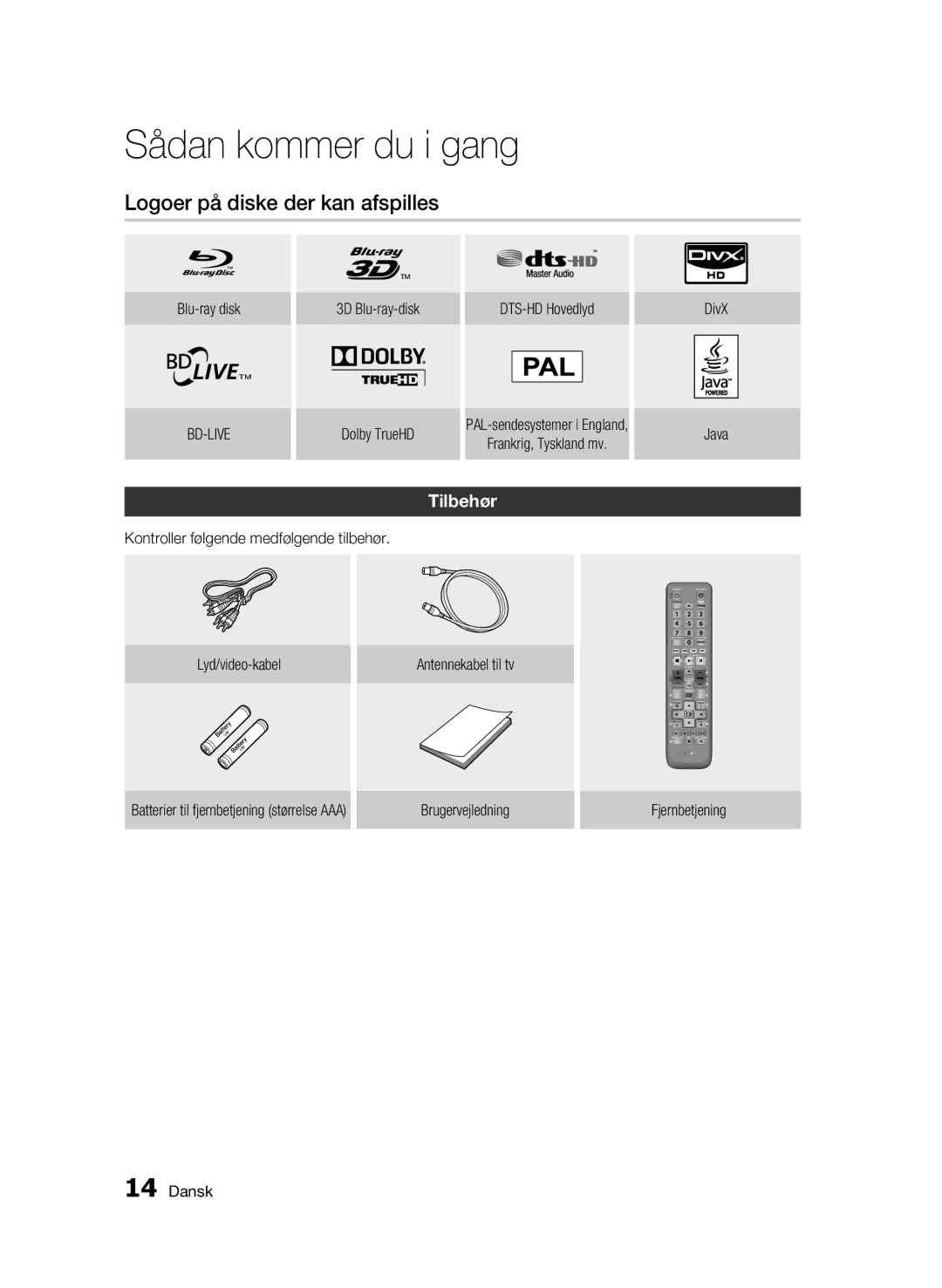 Samsung BD-C8900/XEE Logoer på diske der kan afspilles, Tilbehør, Blu-ray disk, Brugervejledning Fjernbetjening Dansk 