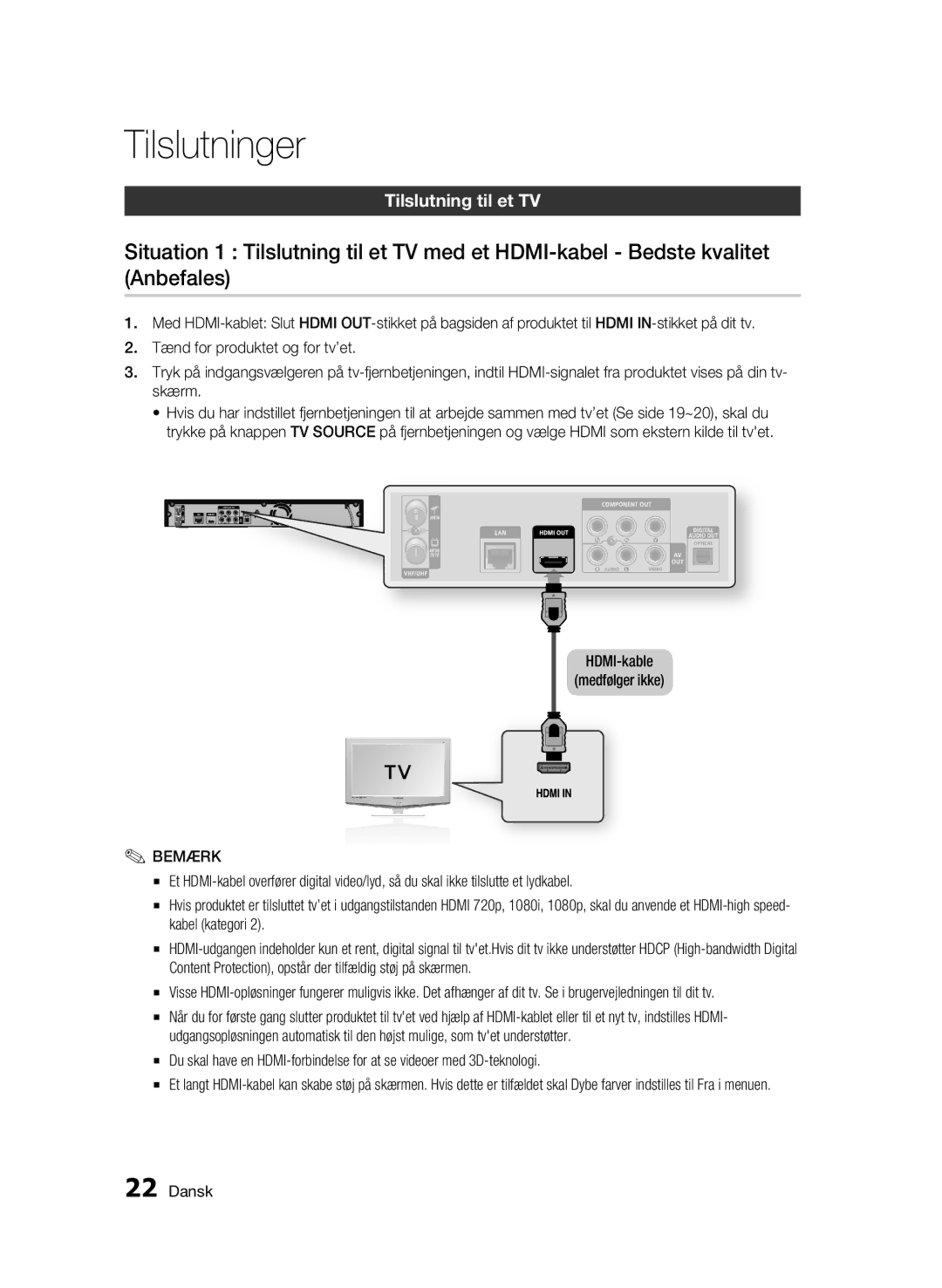 Samsung BD-C8900/XEE manual Tilslutning til et TV, HDMI-kable Medfølger ikke 