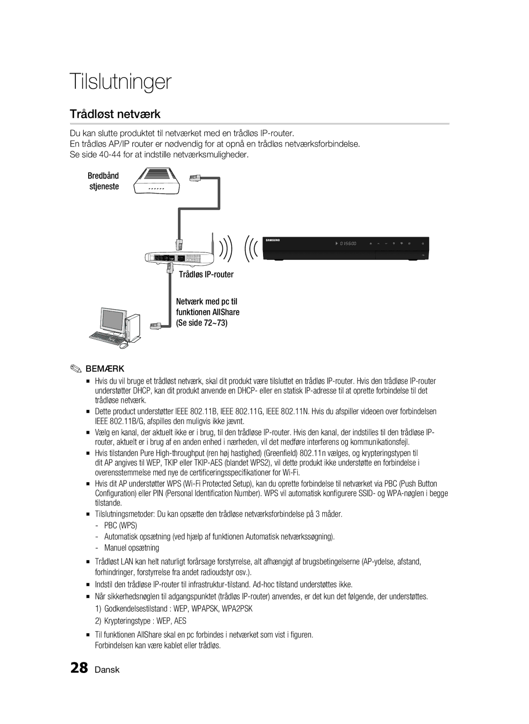 Samsung BD-C8900/XEE manual Trådløst netværk, Trådløs IP-router, Pbc Wps 