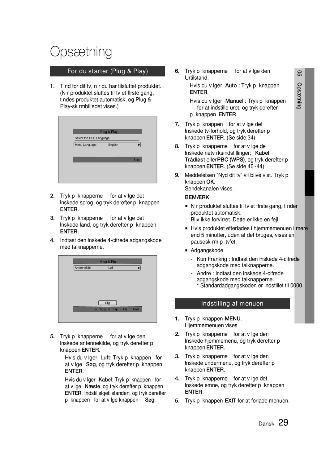 Samsung BD-C8900/XEE manual Opsætning, Før du starter Plug & Play, Indstilling af menuen 