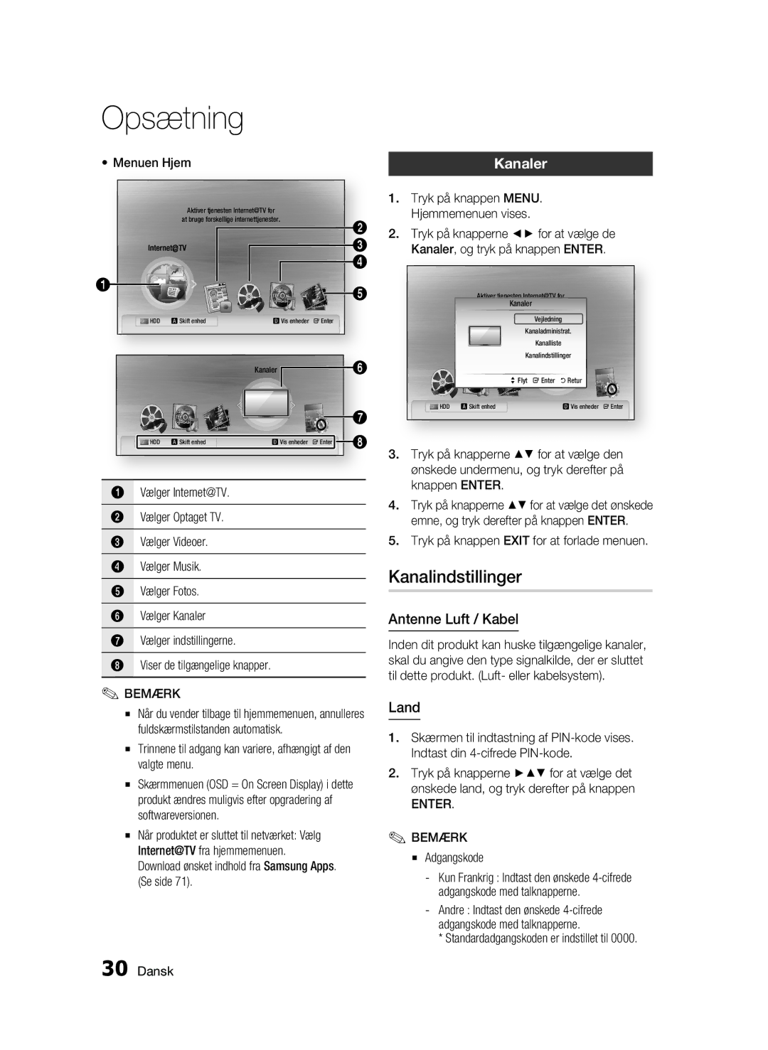 Samsung BD-C8900/XEE manual Kanalindstillinger, Kanaler, Antenne Luft / Kabel, Land, Enter Bemærk 